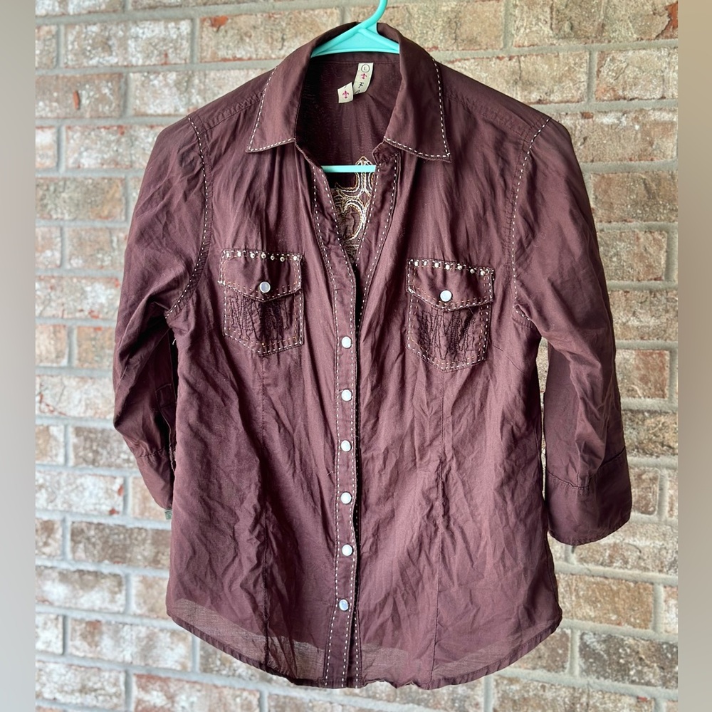 FCNY Brown pearl snap Button-Up Shirt with Embroidered & Studded Details